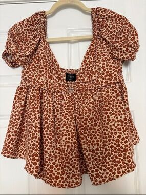 Vici Rust Floral Puff Sleeve Peplum Blouse